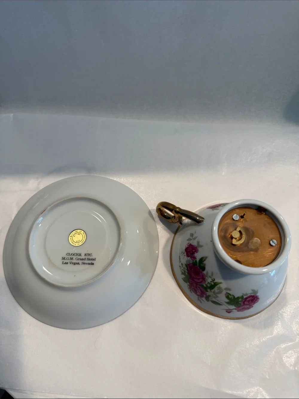 Music Box Porcelain Teacup and Saucer Pink Rose Motif and Gold Trim Japan